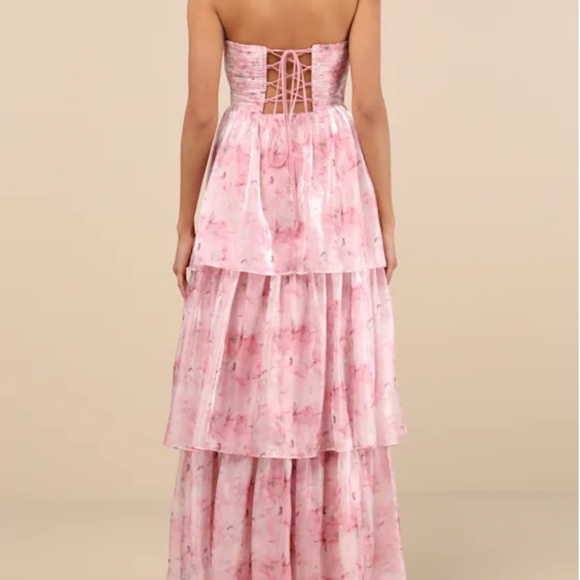 Lulus Kamella Light Pink Floral Pleated Strapless Tiered Maxi Dress - Size S - Picture 2 of 4